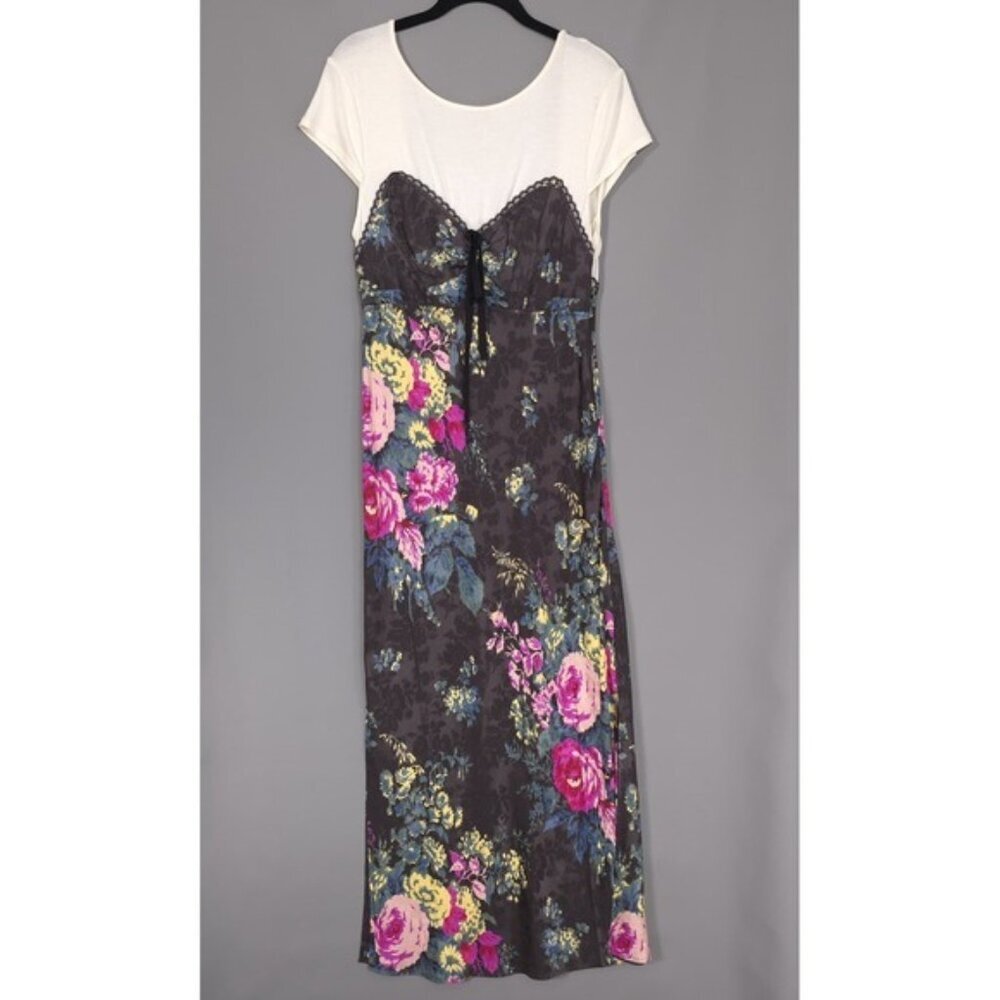 NWT Anthropologie Twofer Midi Slip Dress MEDIUM Black Floral Silky White T-Shirt